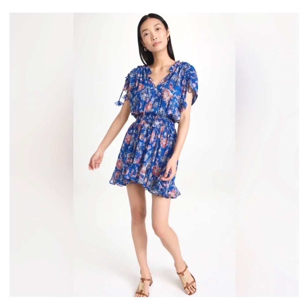 Misa Los Angeles Floral Mini Dress M Blue Dominique Smocked Waist Flowy Party